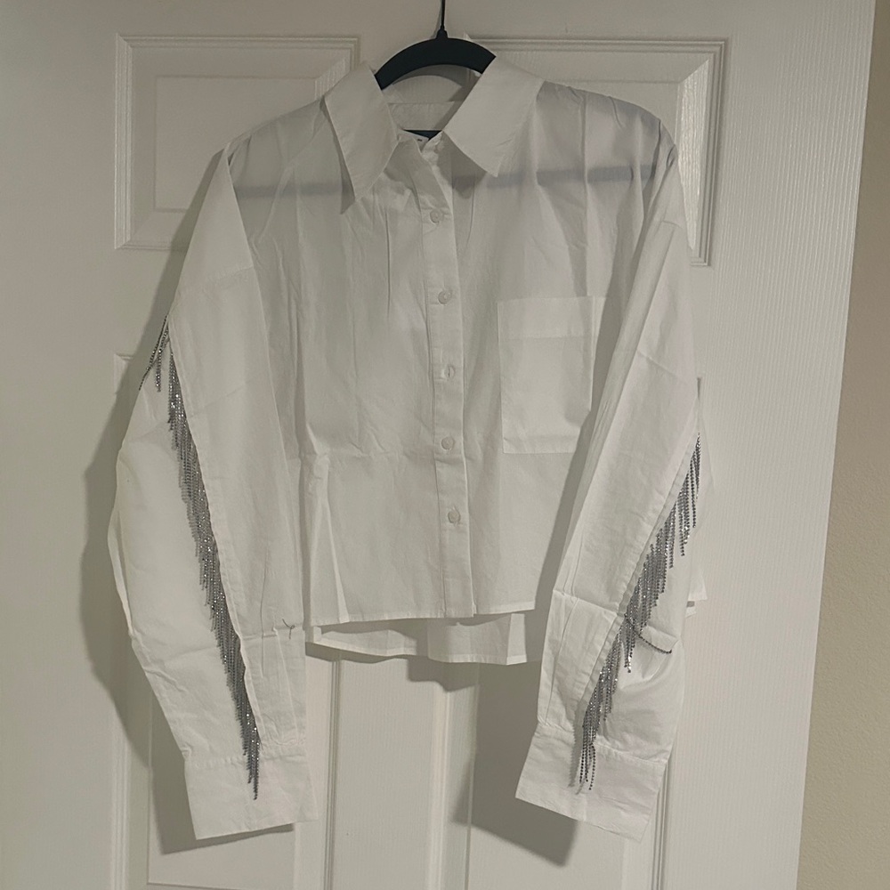 French Connection White Button-Up Shirt with Silver Fringe